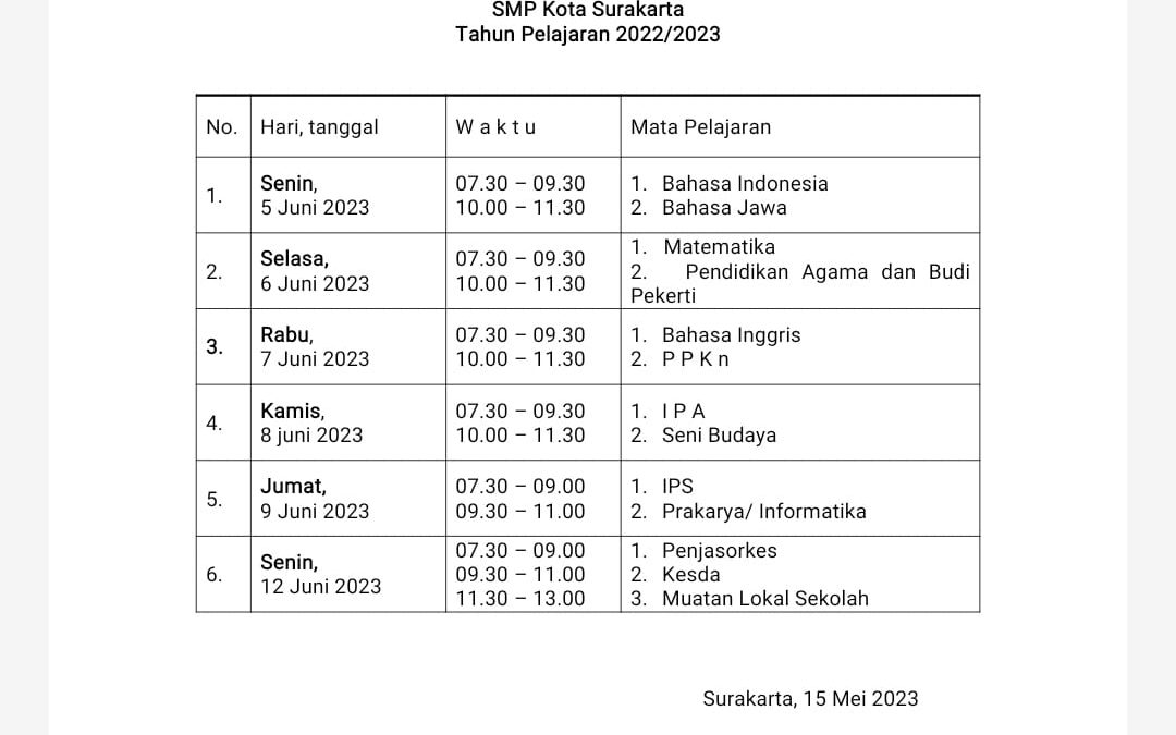 Jadwal Penilaian Sumatif Akhir Tahun SMP Kota Surakarta